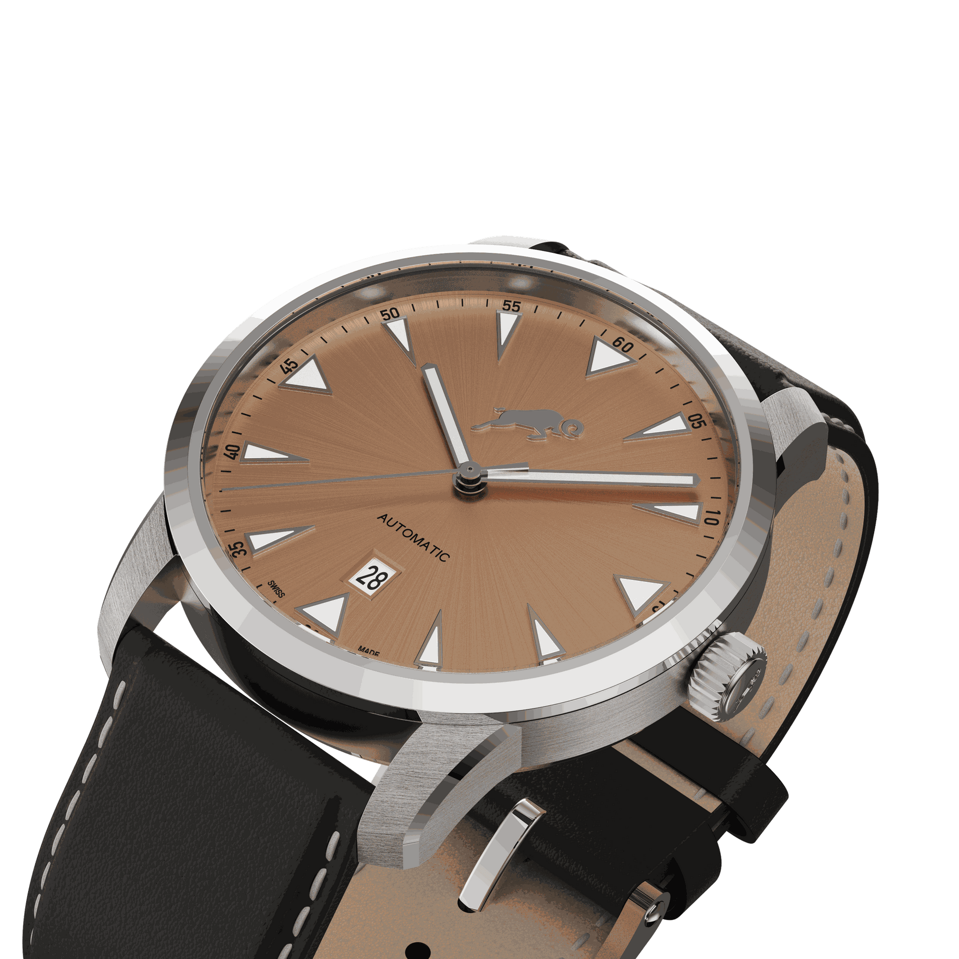 RAM Aries 42 Swiss men's watch with 42mm stainless steel case, brown dial, black leather strap, and date display at 6 o'clock