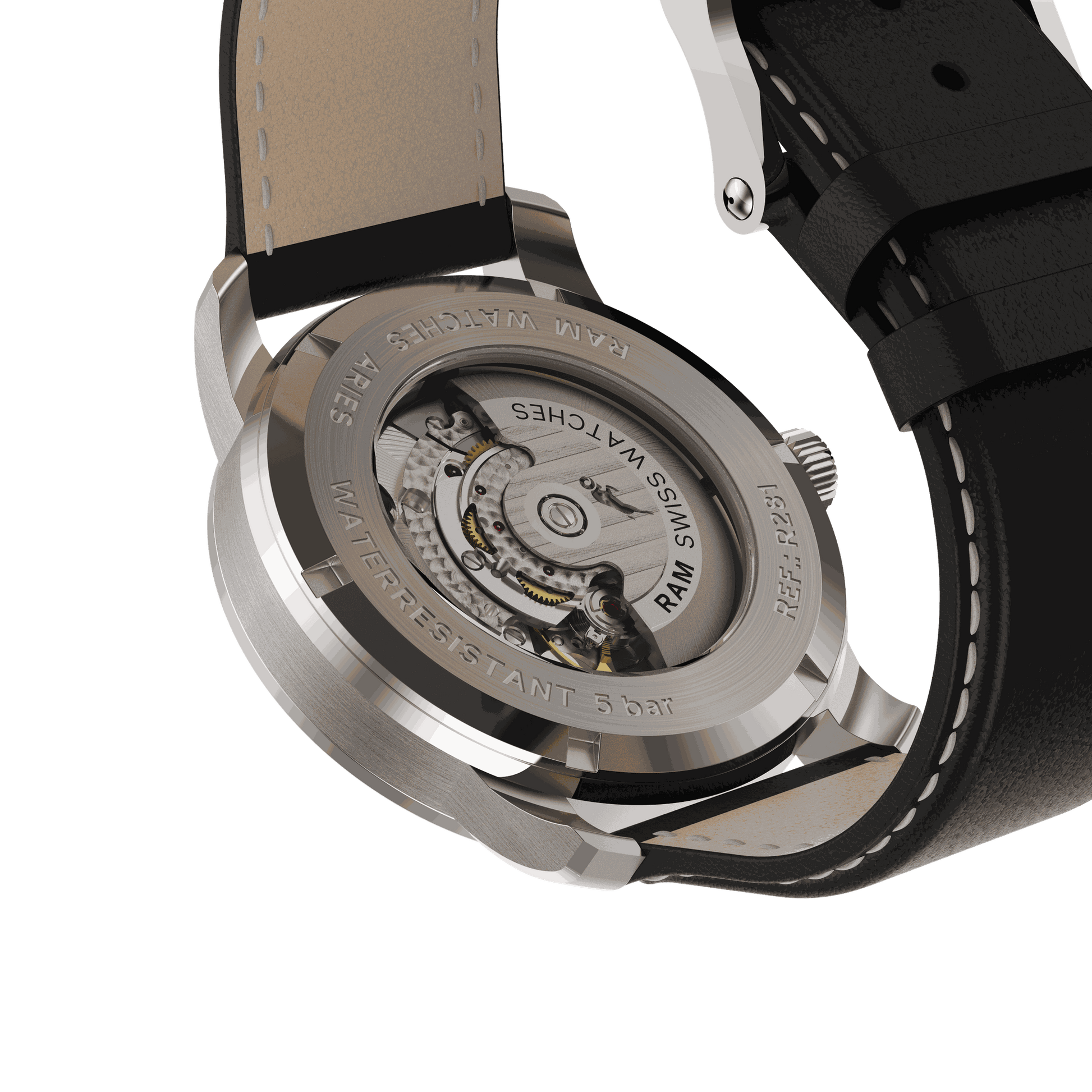 Back view of RAM Aries 42 R1021S1/4 men's Swiss watch with automatic movement and black leather strap details