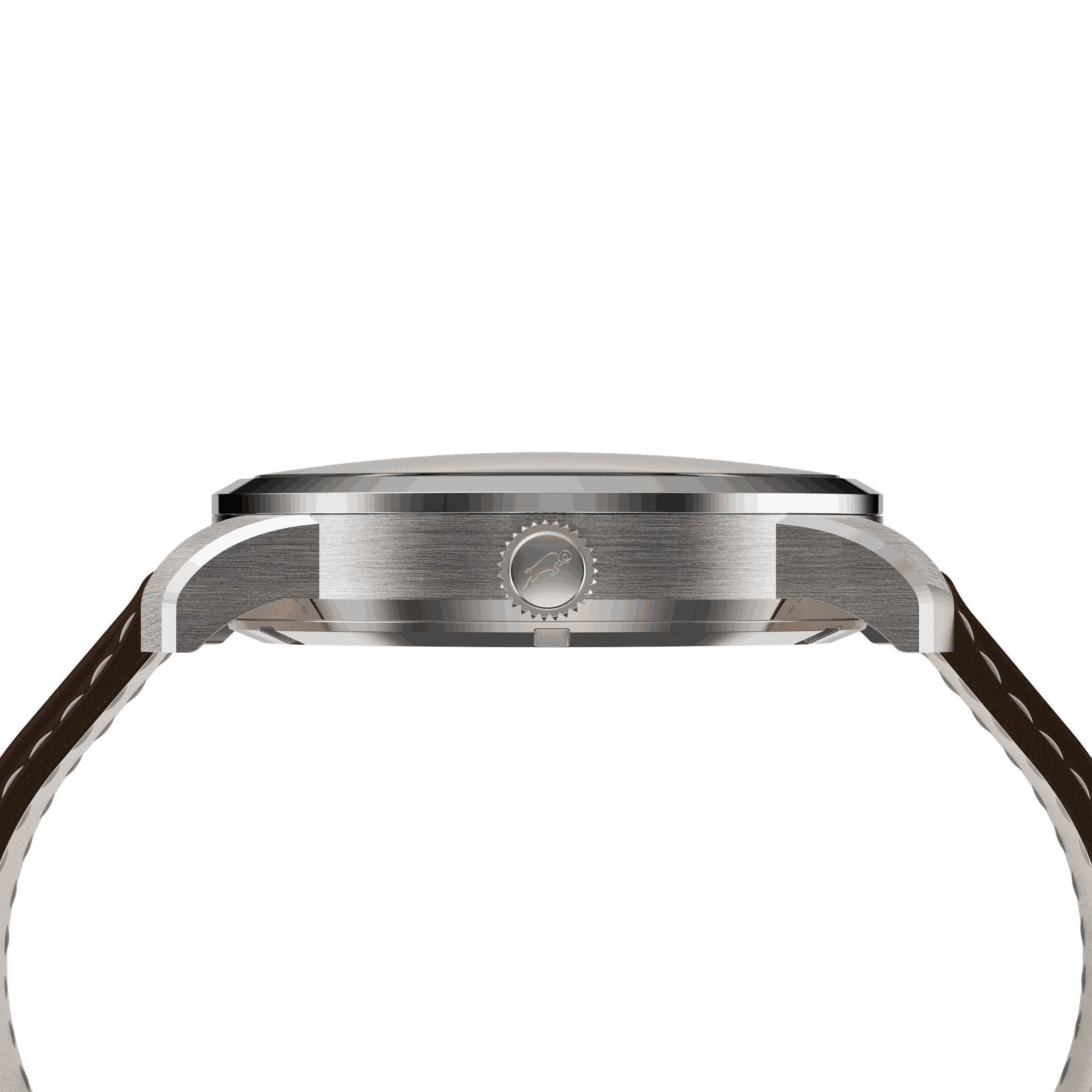 Side profile of RAM Aries 42 R1021S2/3 Swiss watch with stainless steel case, brown leather strap, and crown detail.