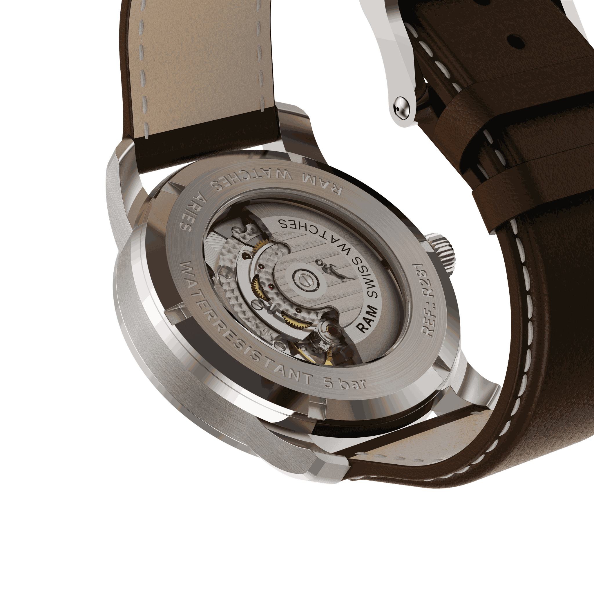 Back view of RAM Aries 42 R1021S2/3 Swiss watch showing automatic Sellita SW200 movement and brown leather strap