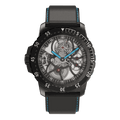 Front view of RAM Baran Tourbillon R201TS4/1 watch with skeletonized dial, black bezel, and black leather strap with blue stitching