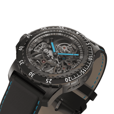 Front view of RAM Baran Tourbillon R201TS4/1 watch with skeletonized dial, black bezel, and black leather strap with blue stitching