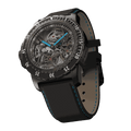 Black RAM Baran Tourbillon dive watch with skeletonized dial, blue accents, rotating bezel, and black leather strap with blue stitching.