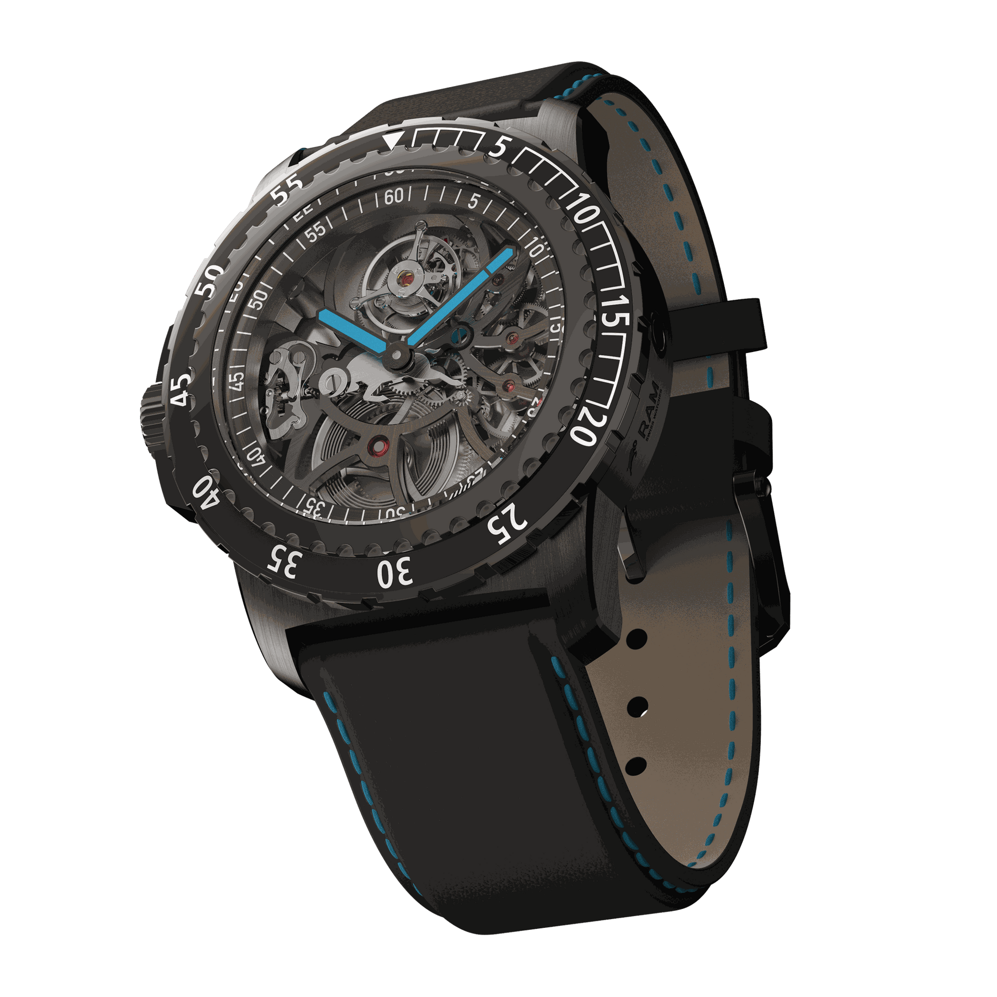 Black RAM Baran Tourbillon dive watch with skeletonized dial, blue accents, rotating bezel, and black leather strap with blue stitching.