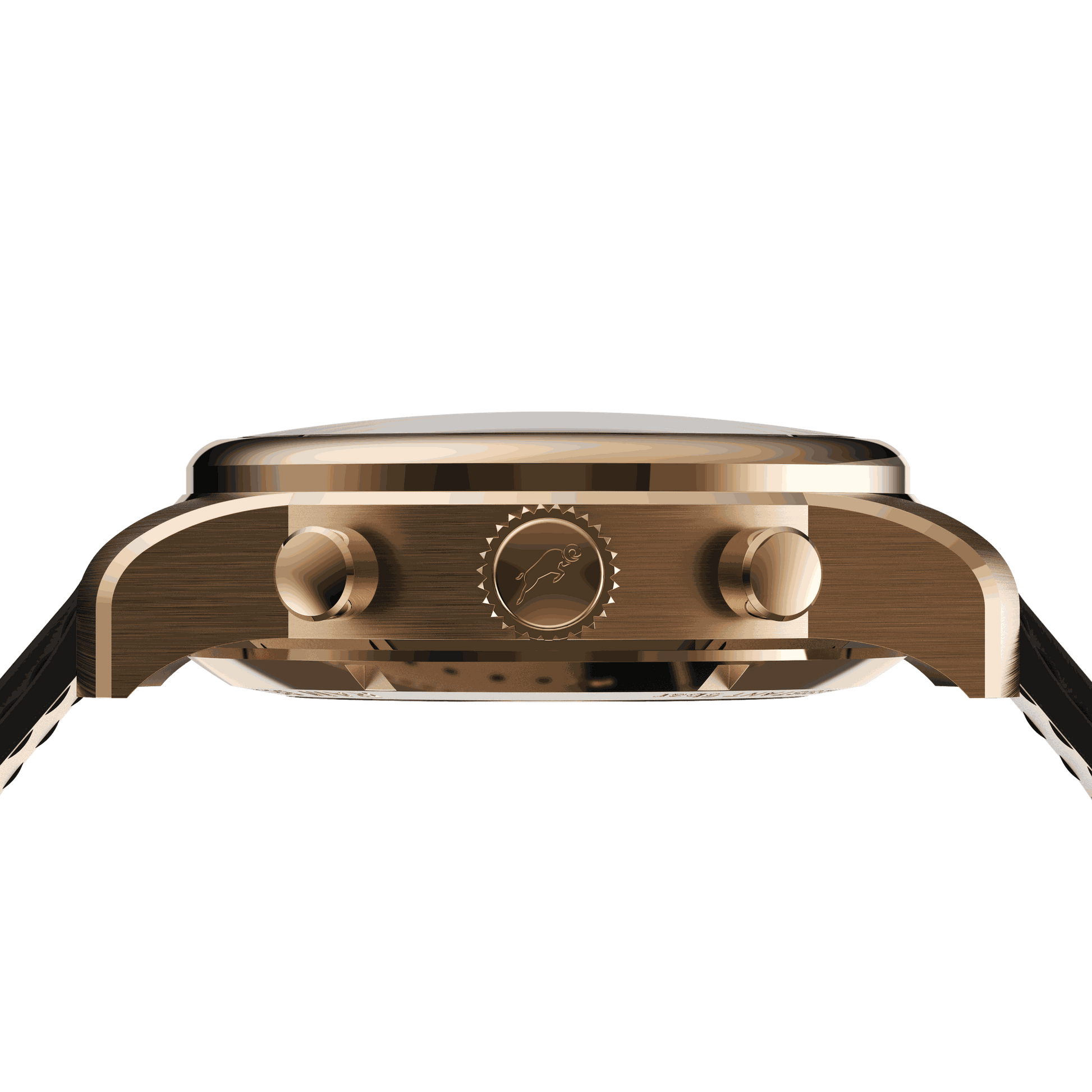 Side view of RAM Bélier R3013SR/6 Swiss watch with 42mm stainless steel case and crown details