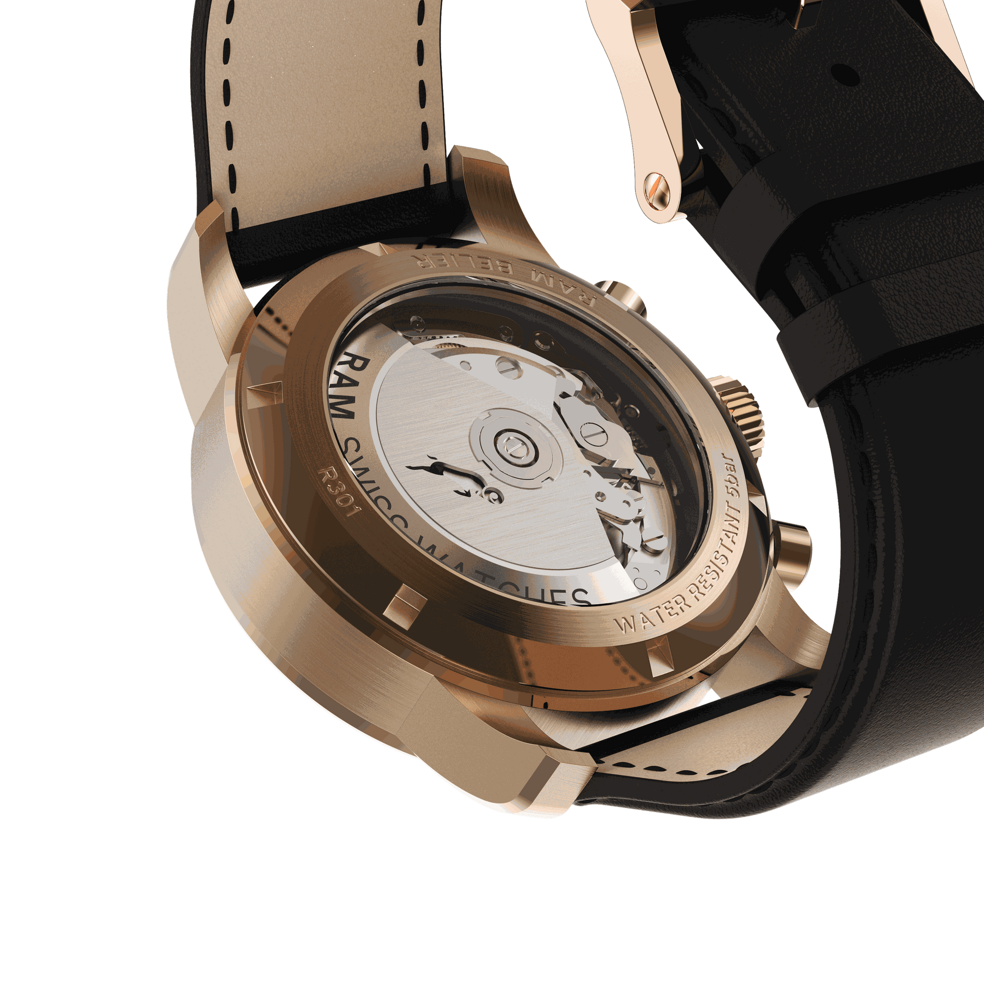 Back view of RAM Bélier R3013SR/6 Swiss watch with rose gold stainless steel case and black leather strap