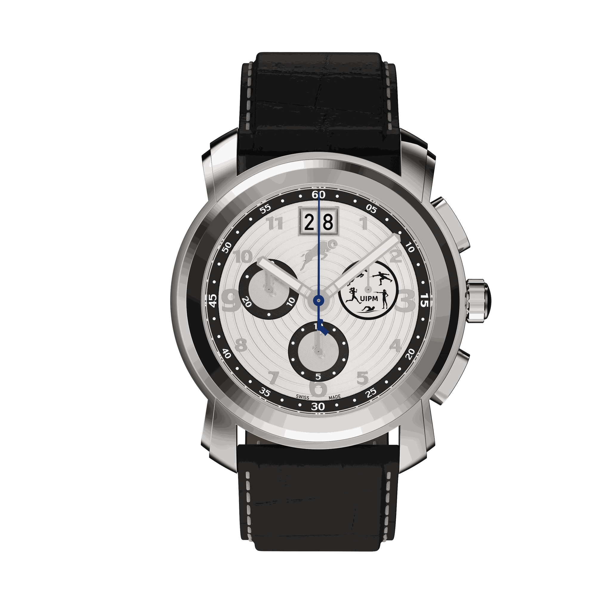 Swiss watch with silver case, white dial featuring black subdials, large date display, and black leather strap with stitching
