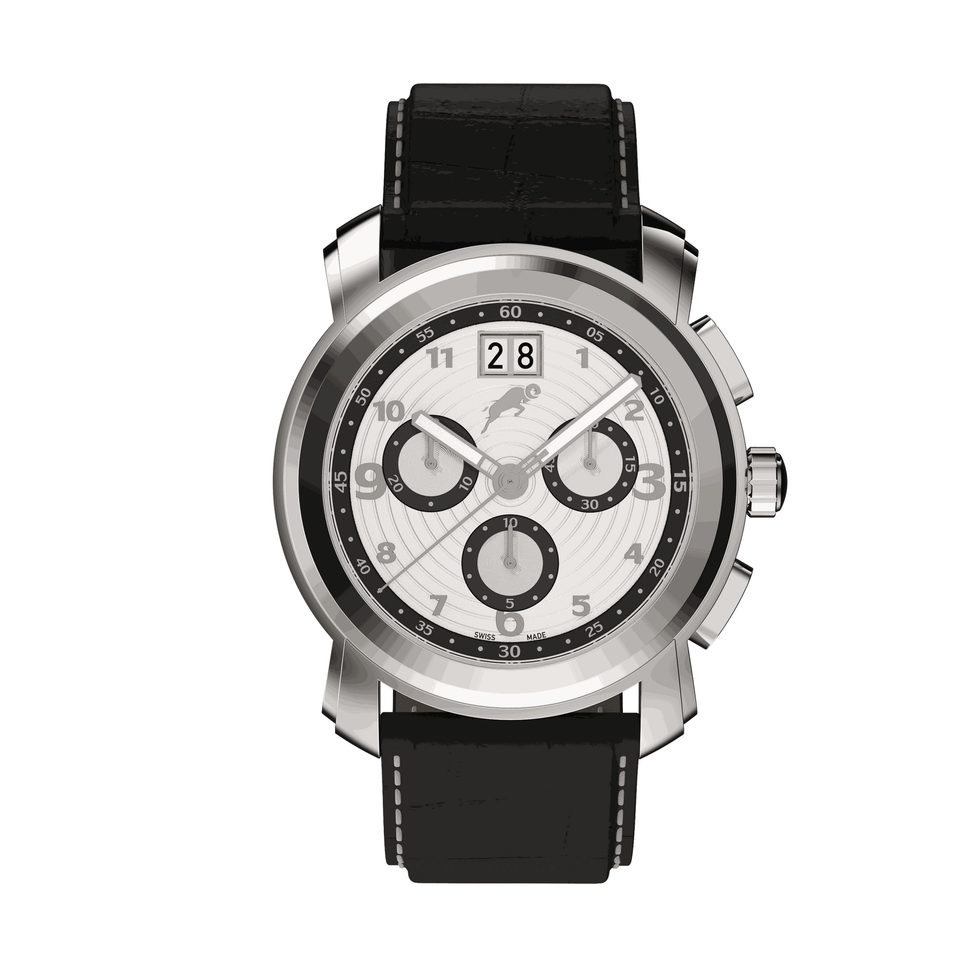 RAM Oinas R5011S1/4 Swiss watch with 40mm stainless steel case, black leather strap, and chronograph subdials with date display.