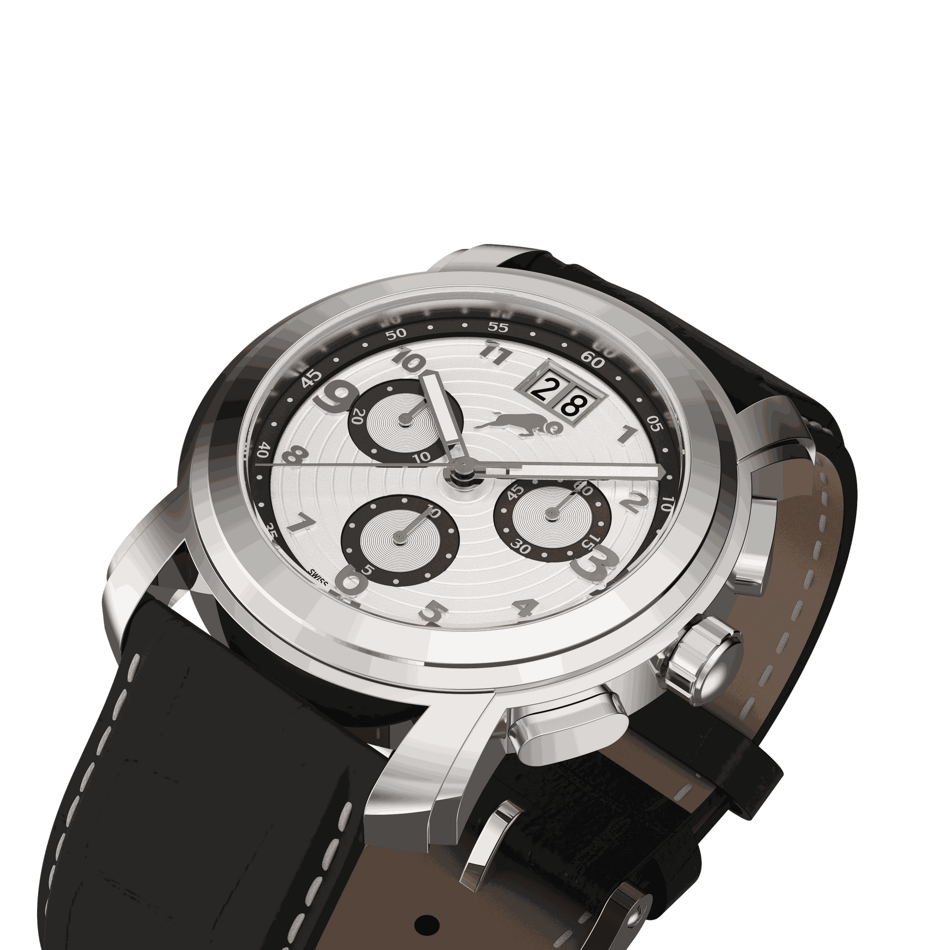 RAM Oinas R5011S1/4 Swiss watch with 40mm stainless steel case, white dial, black leather strap, and date window