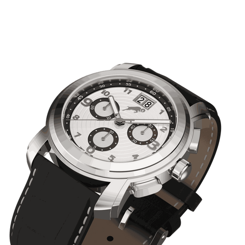 RAM Oinas R5011S1/4 Swiss watch with 40mm stainless steel case, black leather strap, and chronograph subdials with date display.