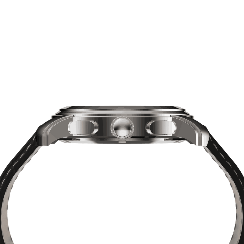 RAM Oinas R5011S1/4 Swiss watch with 40mm stainless steel case, white dial, black leather strap, and chronograph subdials.