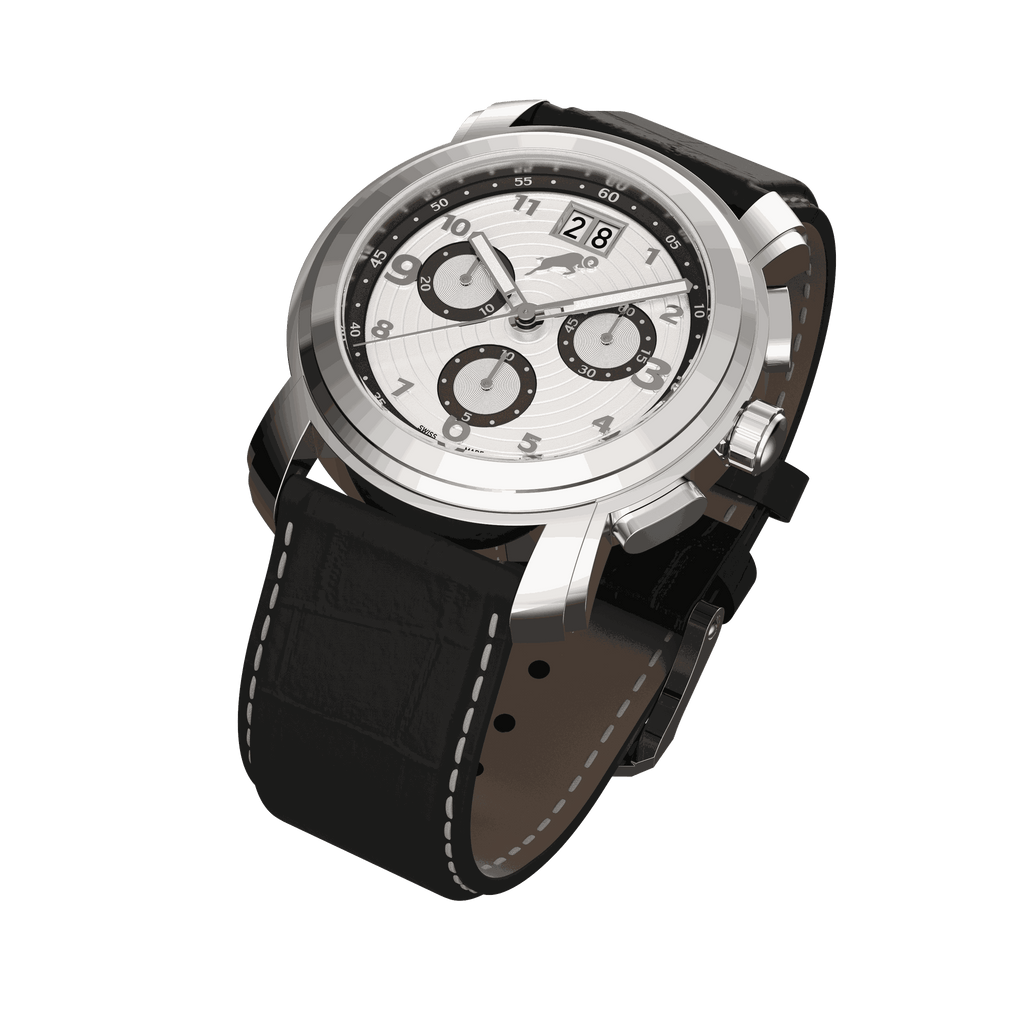 RAM Oinas R5011S1/4 Swiss watch with 40mm stainless steel case, white dial, black leather strap, and date display
