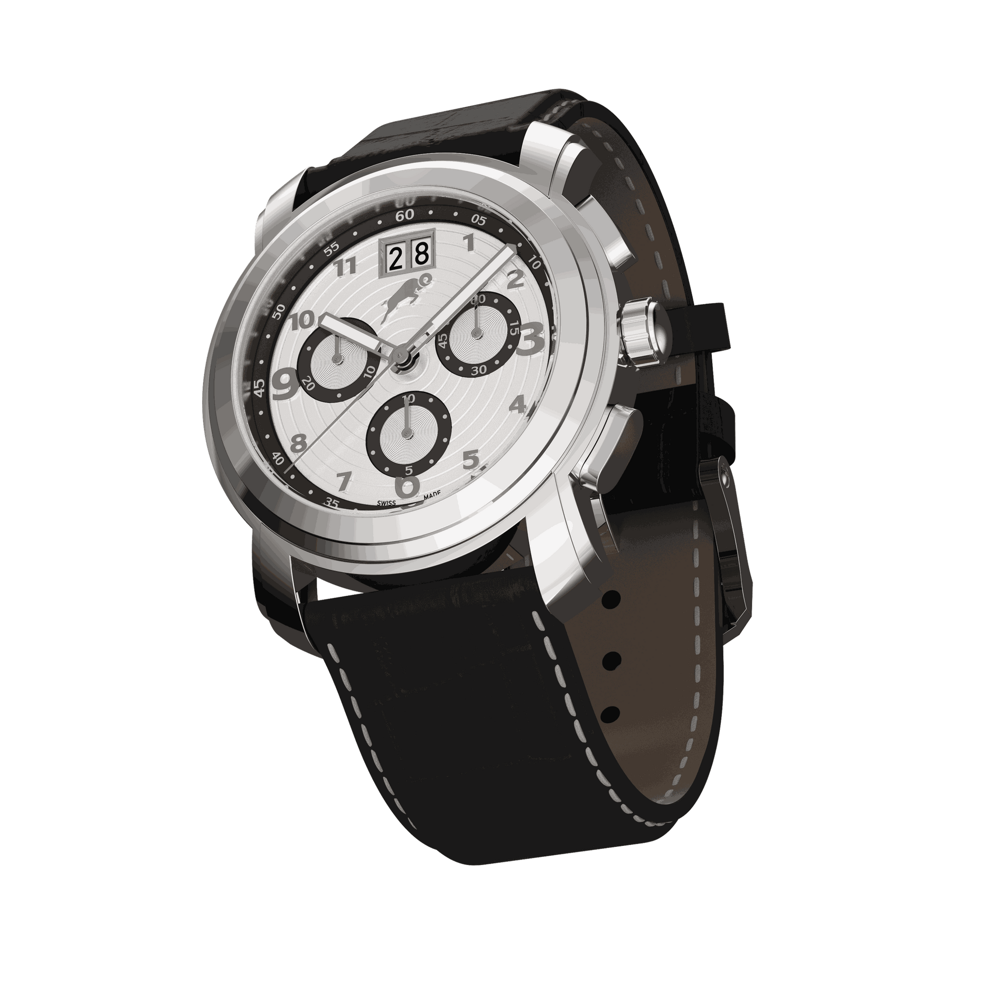 RAM Oinas R5011S1/4 Swiss watch with 40mm stainless steel case, white dial, black leather strap, and chronograph subdials.