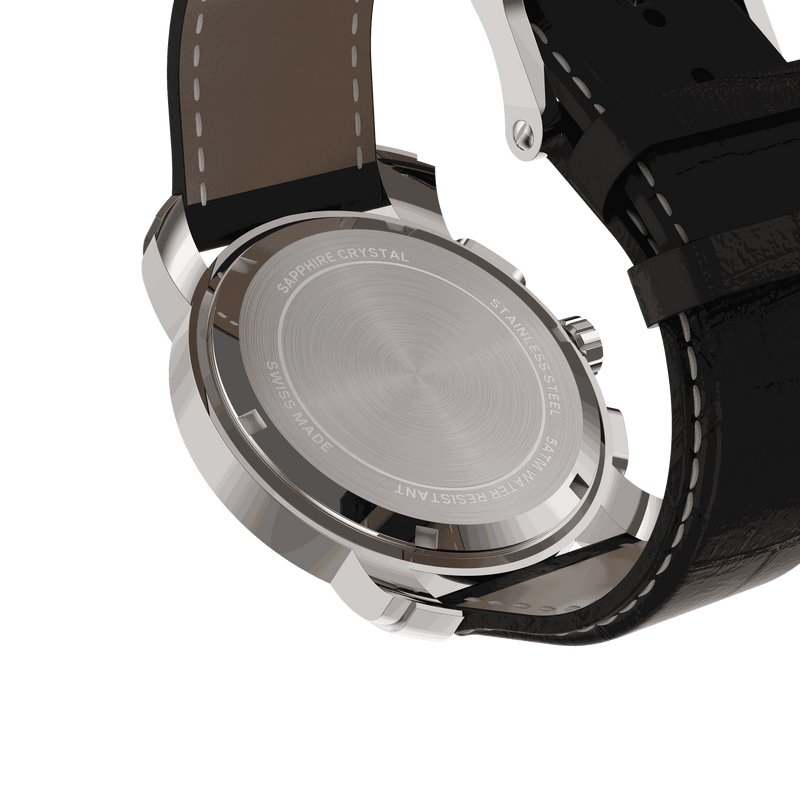 RAM Oinas R5011S1/4 Swiss watch with 40mm stainless steel case, white dial, black leather strap, and chronograph subdials.