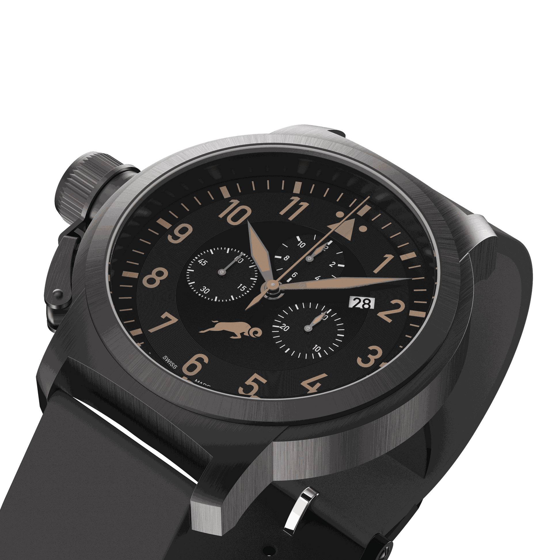 RAM Oven R6011K1/6 Swiss watch with 47mm stainless steel case, black dial, chronograph, date display, and black strap