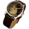 RAM Aries 42 watch with polished stainless steel case, unique art dial featuring stylized face, and brown leather strap