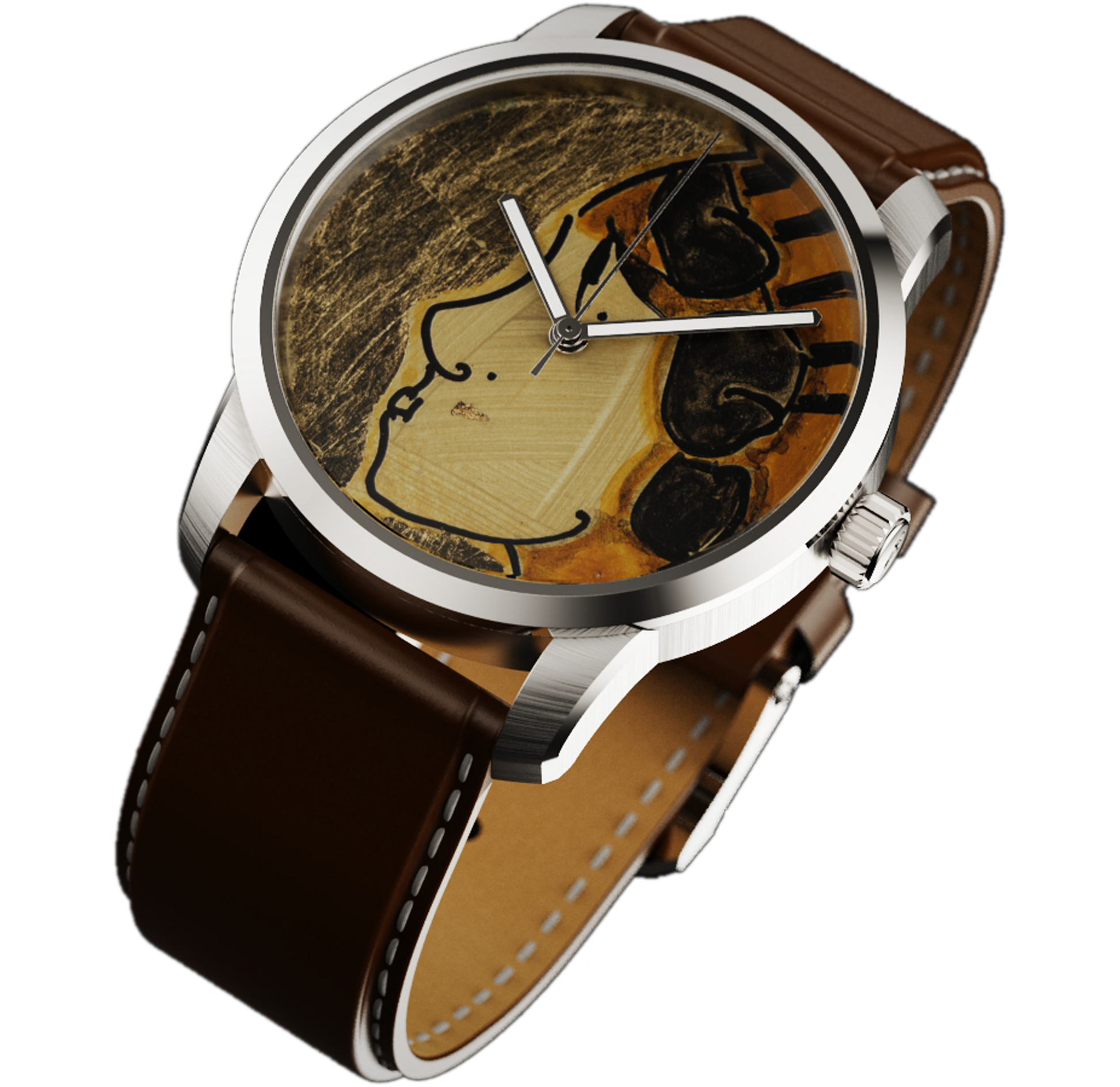 RAM Aries 42 watch with polished stainless steel case, unique art dial featuring stylized face, and brown leather strap