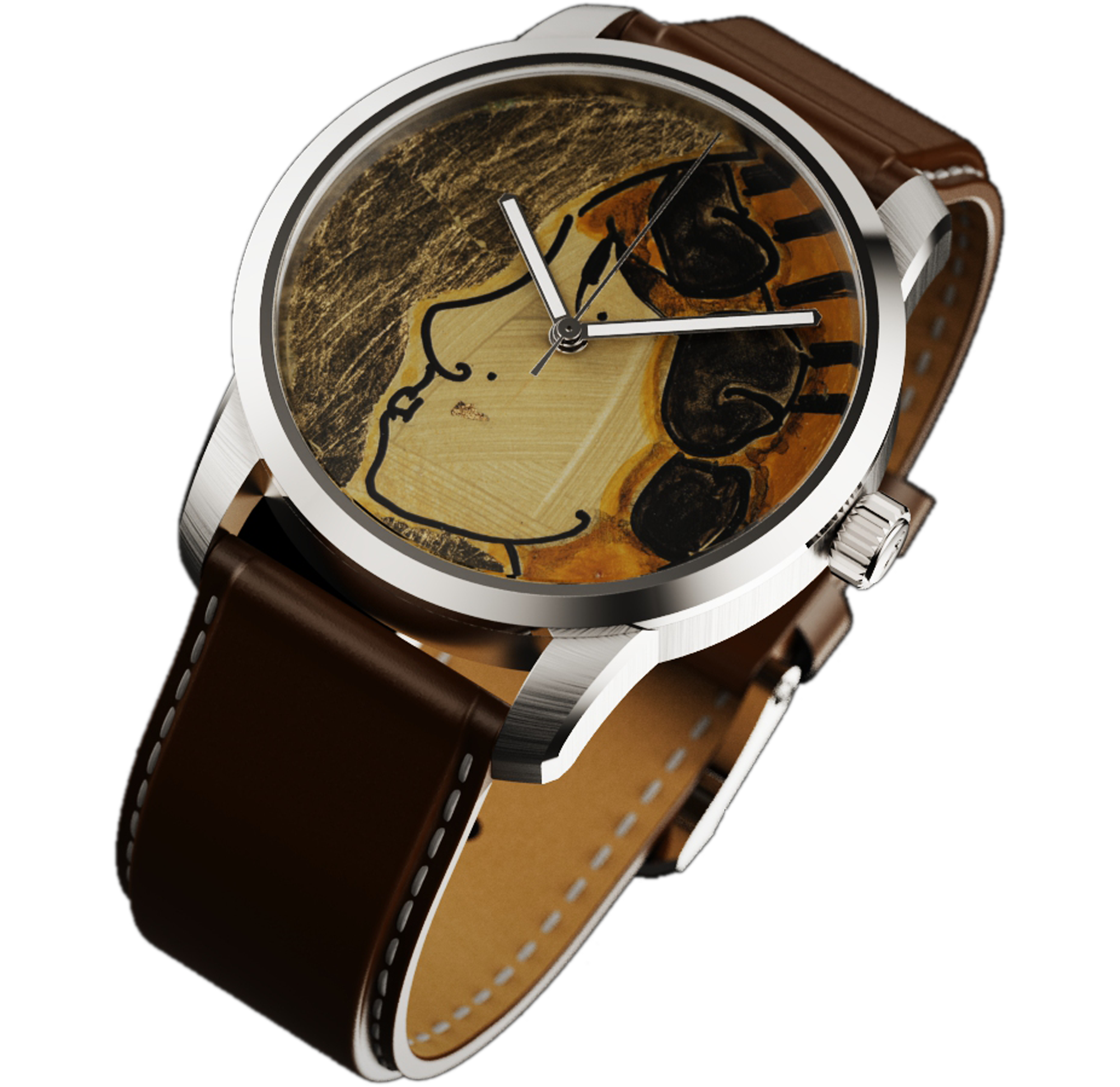 RAM Aries 42 watch with polished stainless steel case, unique art dial featuring stylized face, and brown leather strap
