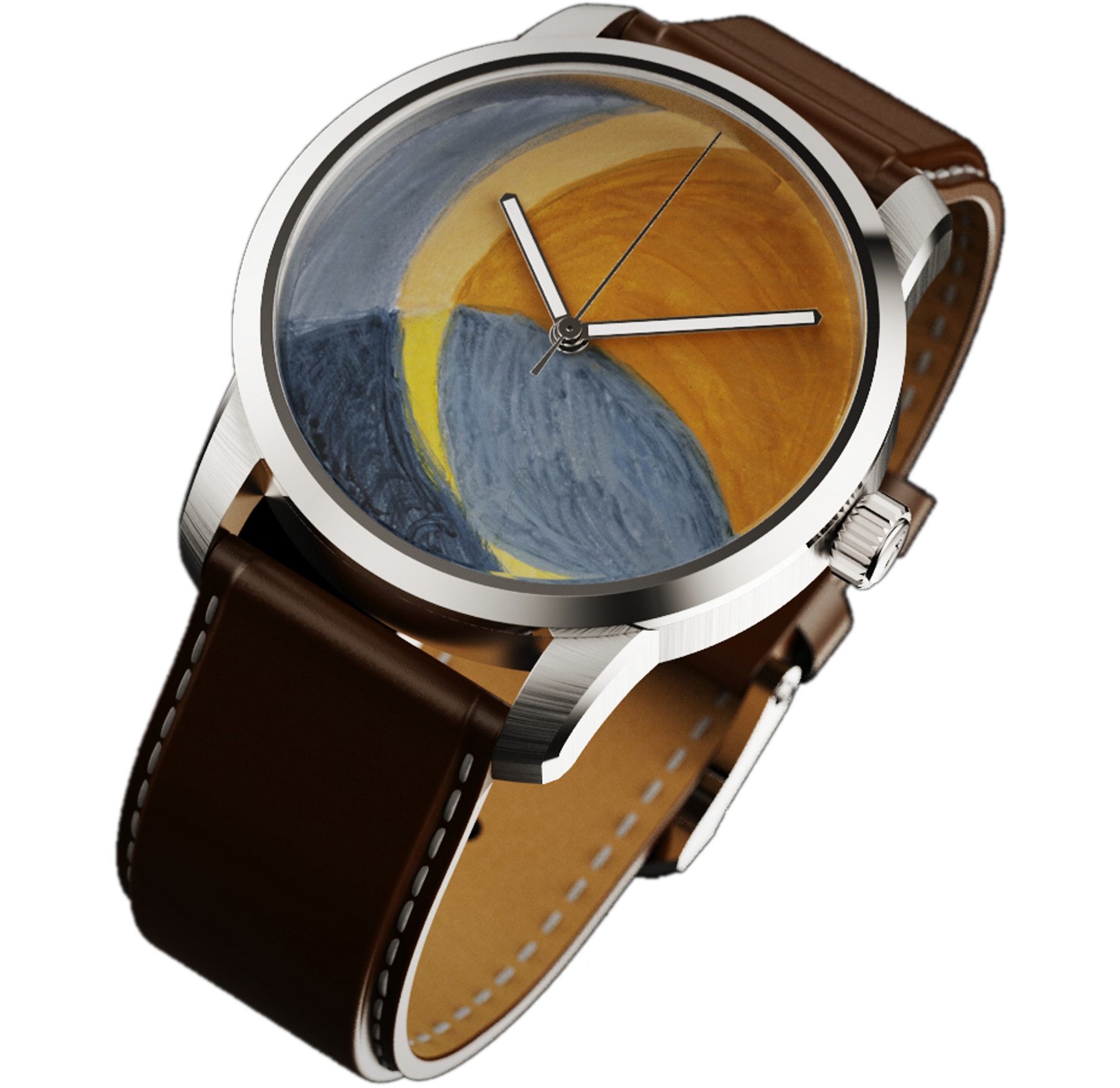 Close-up of RAM Aries 42 watch with artistic sunset dial, silver case, and brown leather strap with white stitching.