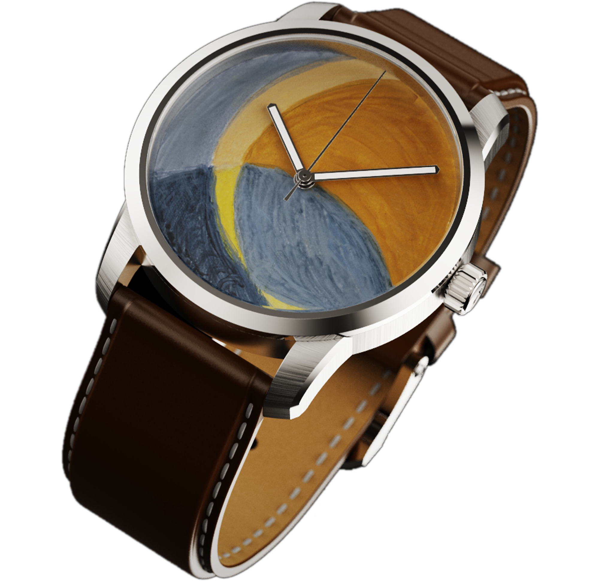 Close-up of RAM Aries 42 watch with artistic sunset dial, silver case, and brown leather strap with white stitching.