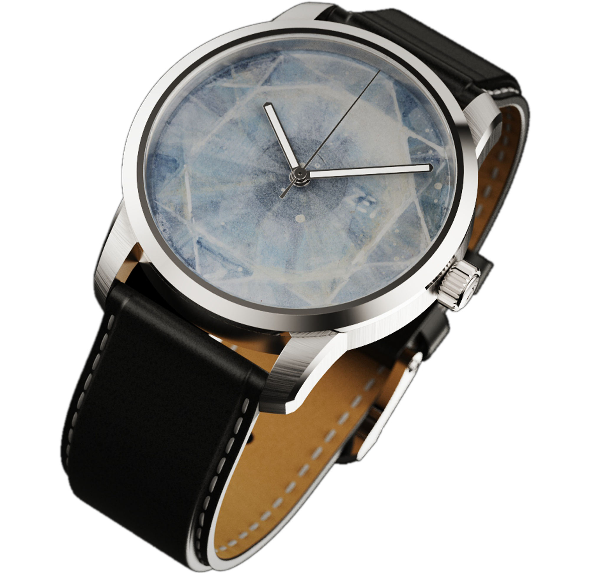 RAM Aries 42 wristwatch with unique iris-inspired dial artwork, silver case, black leather strap, and polished crown detail.