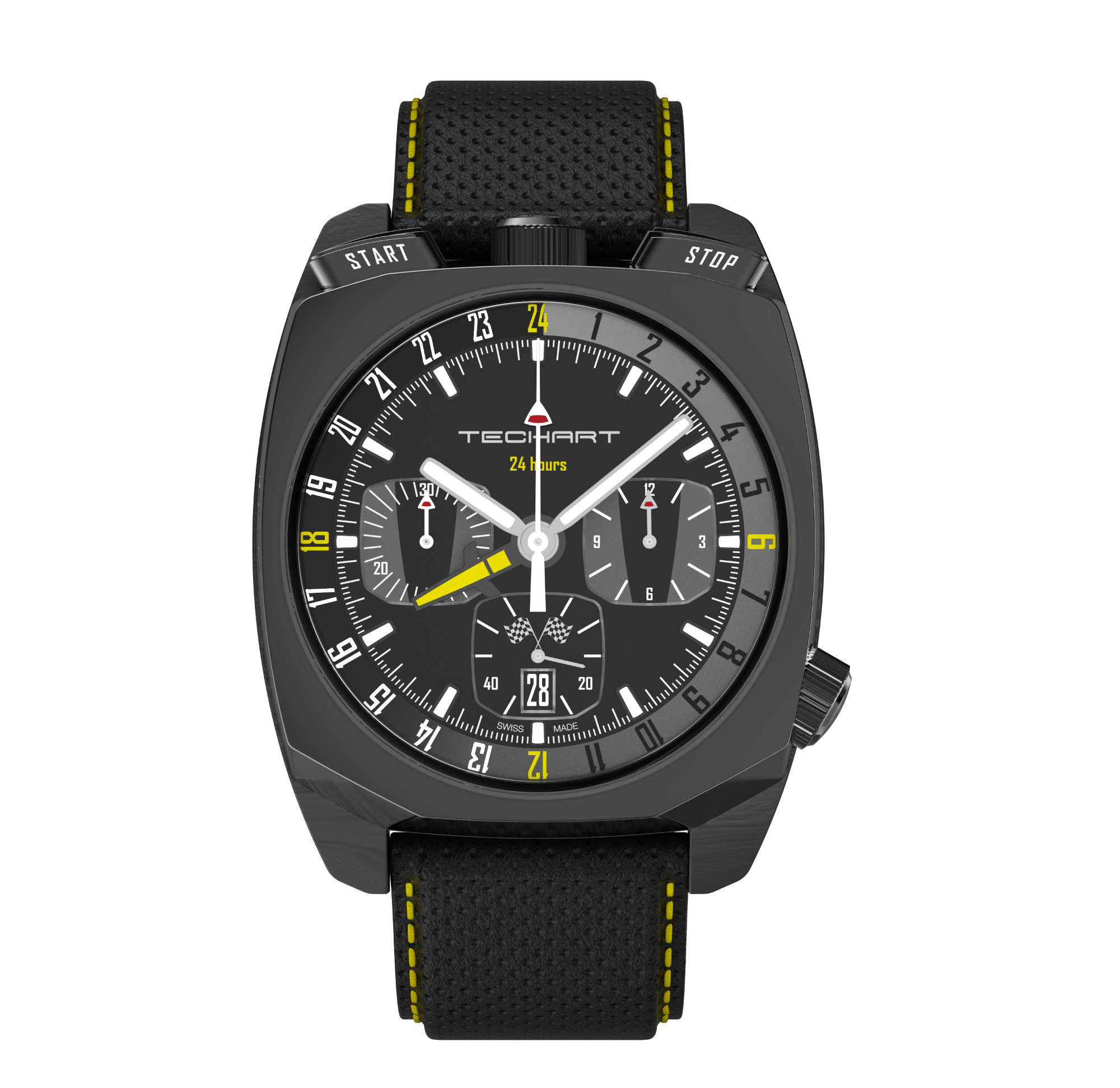 RAM Techart Uhr mit schwarzem Ziffernblatt, gelben Zeigern und Ziffern, schwarzes Gehäuse und schwarzes Armband mit gelben Nähten, konzipiert für Techart-Porsche