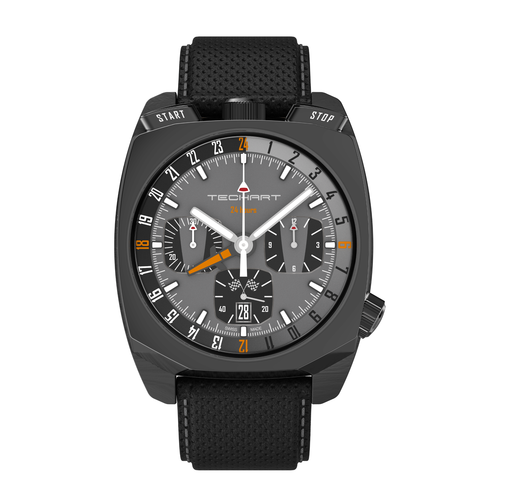 RAM Techart Uhr mit grauem Ziffernblatt, orangen und weissen Zeigern und Ziffern, schwarzes Gehäuse und schwarzes Armband mit orangen Nähten, konzipiert für Techart-Porsche